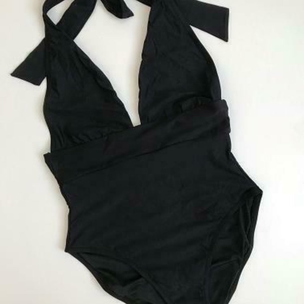 J. Crew Black One Piece Swimsuit Halter deep v neck plunge like new